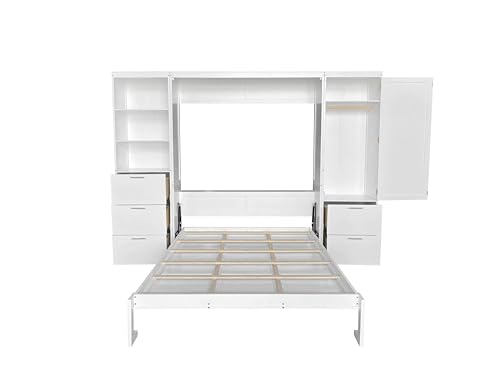 Queen Size Murphy Bed with Desk & Charging Station,Wall Bed Frame Folding into Cabinet Design w/LED & Storage Shelf for Small Space,Bedroom
