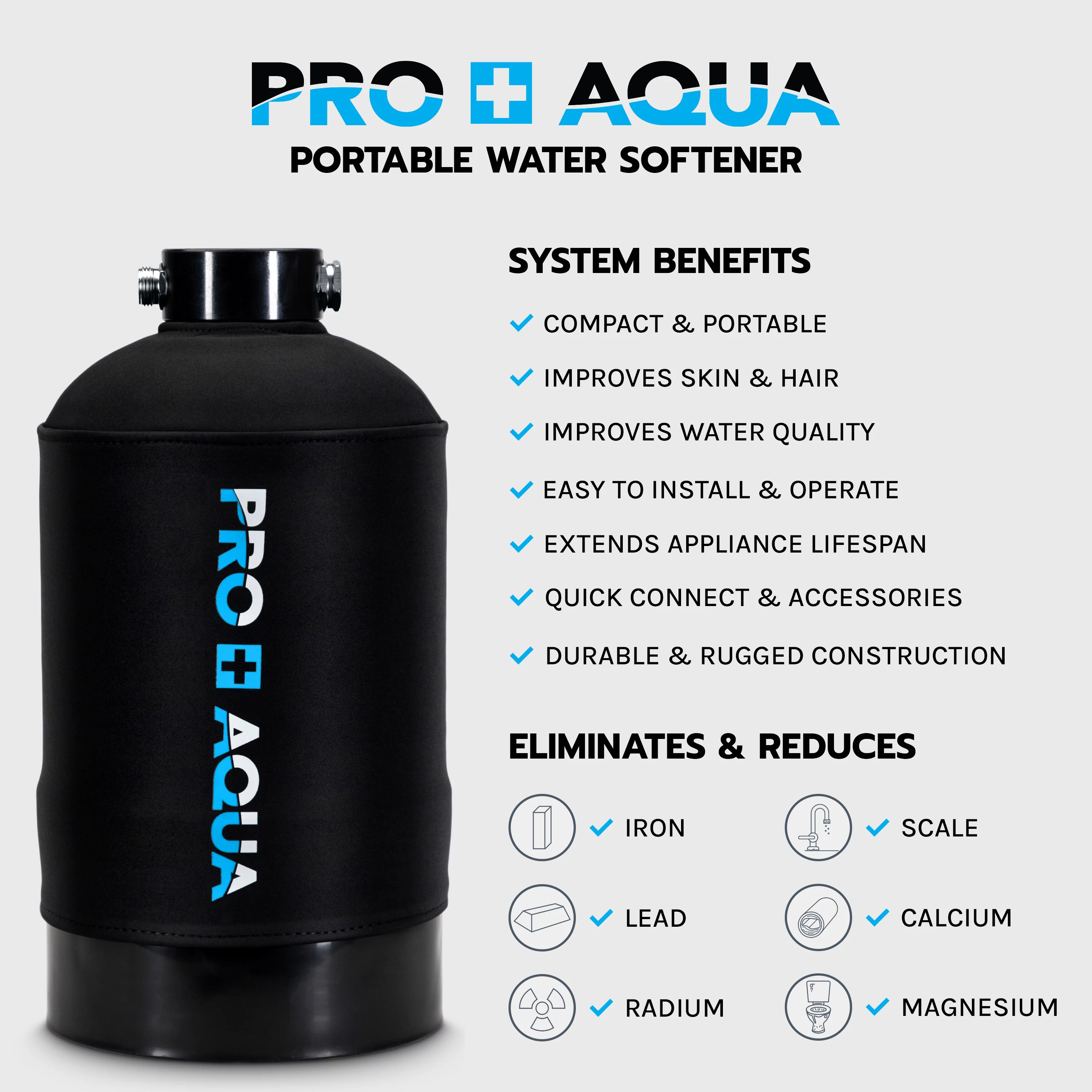 PRO+AQUA Portable RV Water Softener, 16,000 grain, Pre-filled high-capacity resin, Neoprene shield, w/ connectors