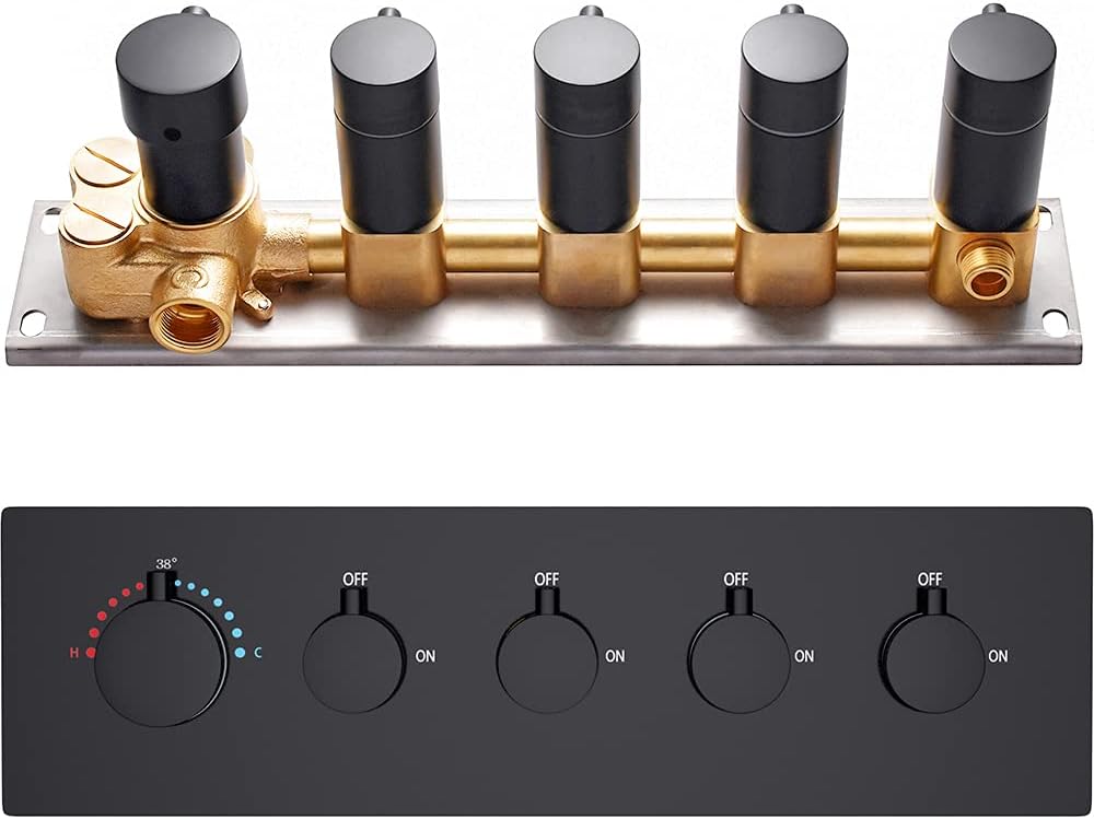 AYIVG Solid Brass Concealed 4-Outlet Thermostatic Valve Pressure Balanced Mixer Valve with Black Trim for Bathoom Shower System ( Can Simultaneous