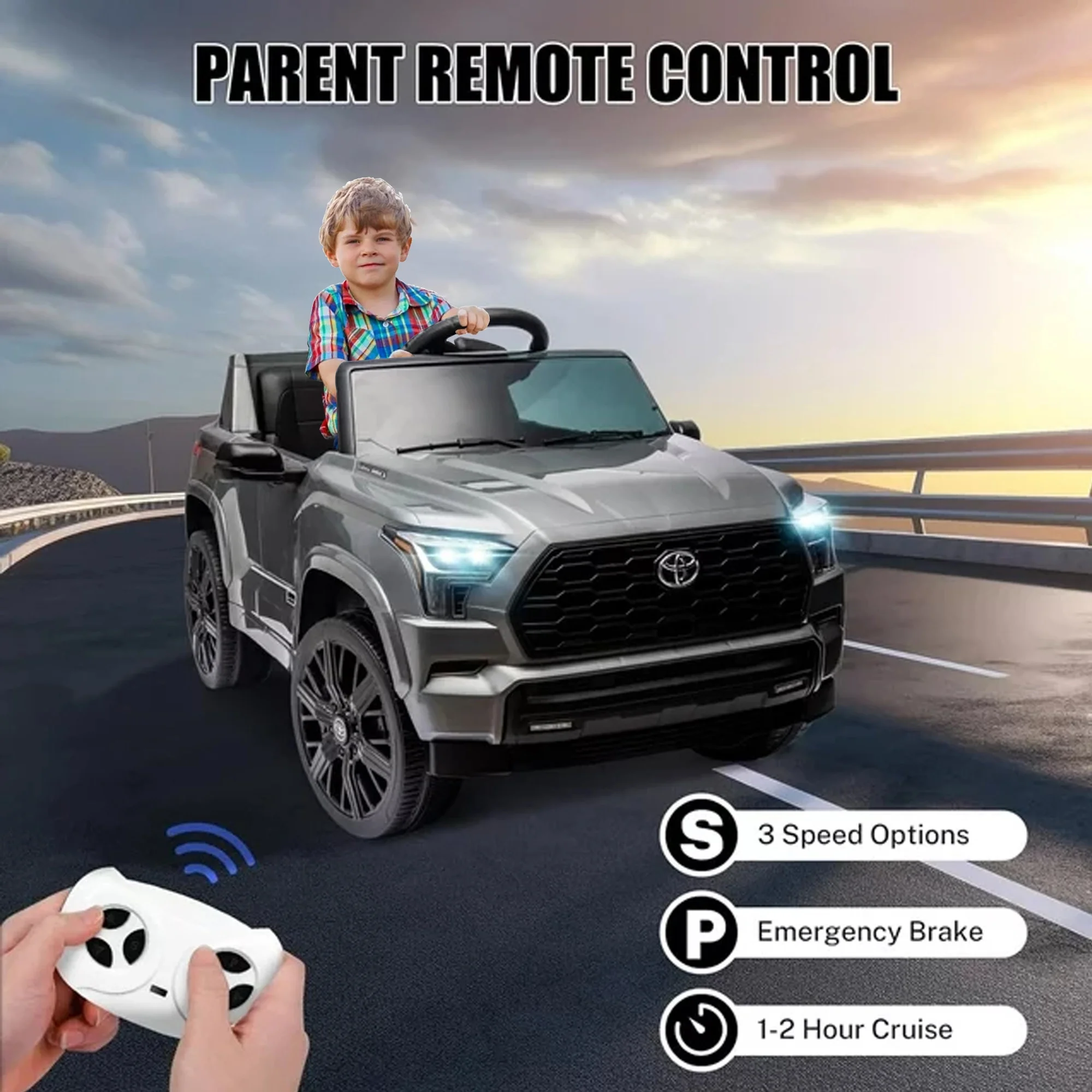 Toyota Sequoia Pickup 12V 7A Ride-On Cars with Remote Control, Battery Powered Ride-On Toys for Kids w/LED Light, 3 Speeds, Music, Horn, Bluetooth