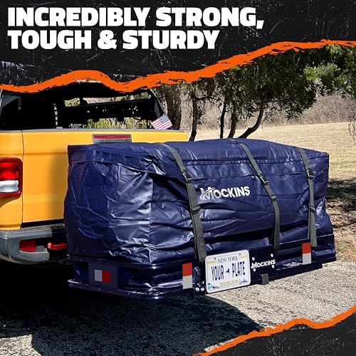 Mockins 60"x30"x6" Navy Folding Cargo Hitch Carrier & 30 CuFt Trailer Hitch Cargo Carrier Bag | 500Lbs Cap Folding Luggage Rack with Waterproof