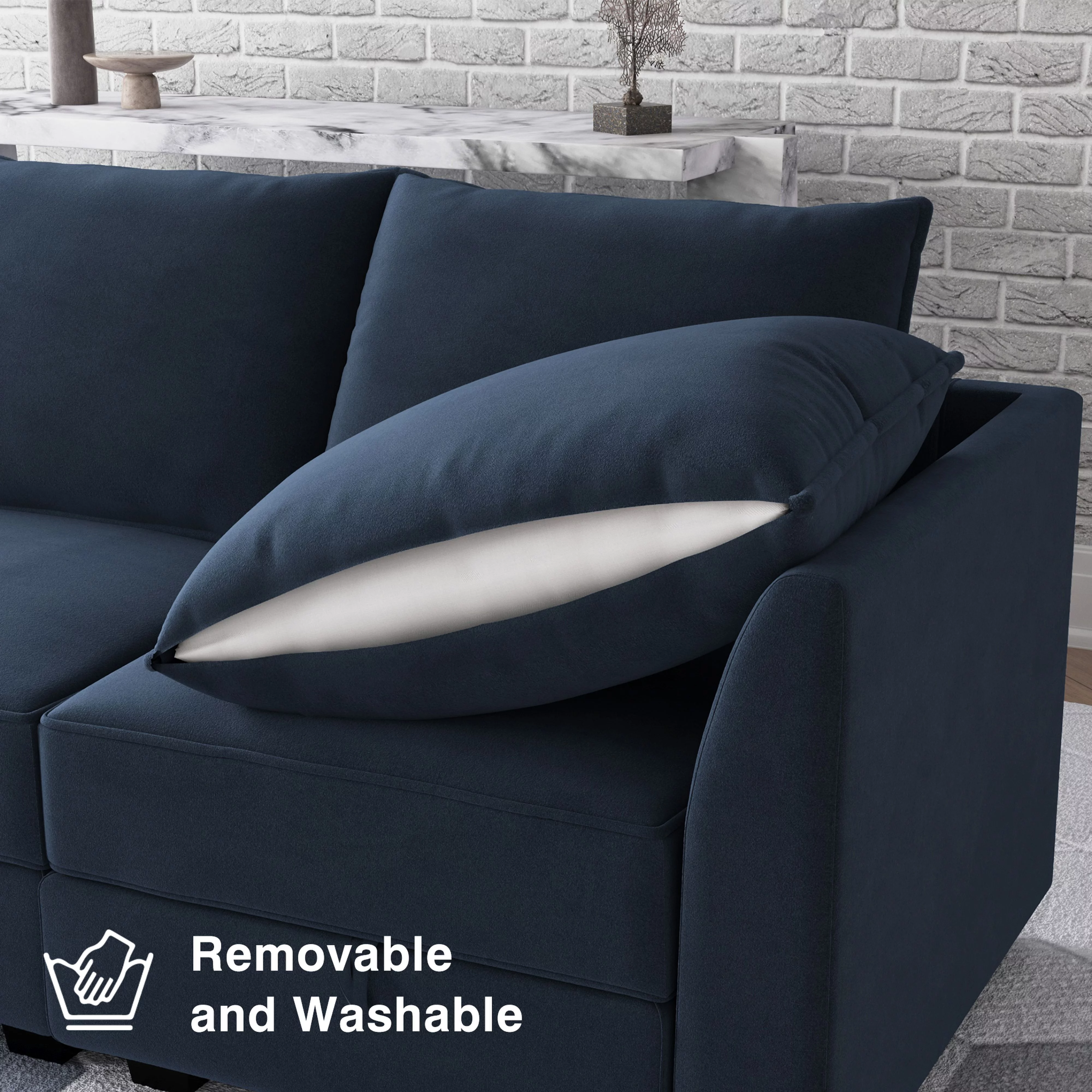 HONBAY Velvet Sectional Sofa Reversible Sleeper Sofa Modular Couch for Apartment, Navy Blue