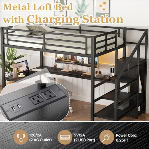 Bellemave Full Size Metal Loft Bed with L Shaped Desk and Wardrobe, Heavy Duty Loft Bed Frame with Storage Stairs