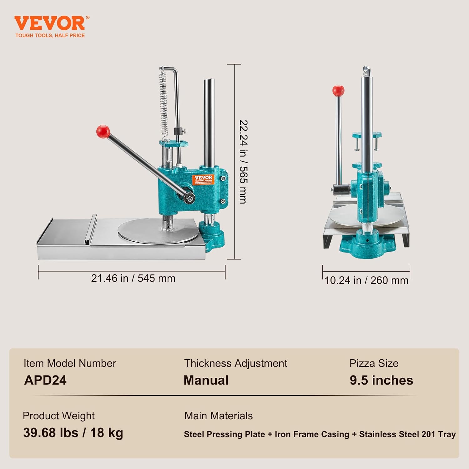 VEVOR Manual Pizza Dough Press Machine, 9.5inch/24cm Household Pizza Pastry, Stainless Steel Pizza Presser