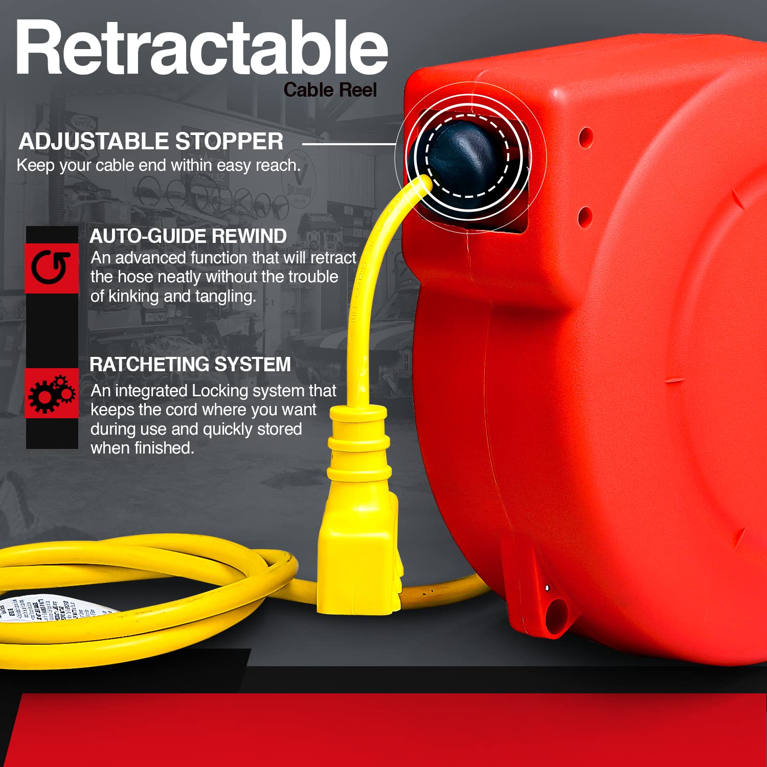 Reelworks Extension Cord Reel Retractable Polypropylene Heavy Duty Industrial 33 FT 16AWG 3C SJT Commercial Premium Grade Ultra Flexible Cable (S3)