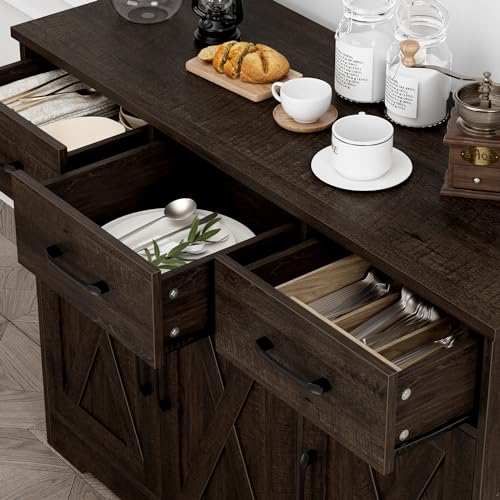 HOSTACK Modern Farmhouse Sideboard Buffet Cabinet, Barn Doors Buffet Storage Cabinet with Drawers and Shelves