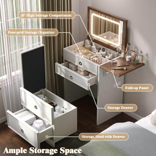 3-in-1 Vanity Set with LED Lighted Flip Top Mirror, Makeup Table with Fold-Up Panel, Hidden Stool, Charging Station