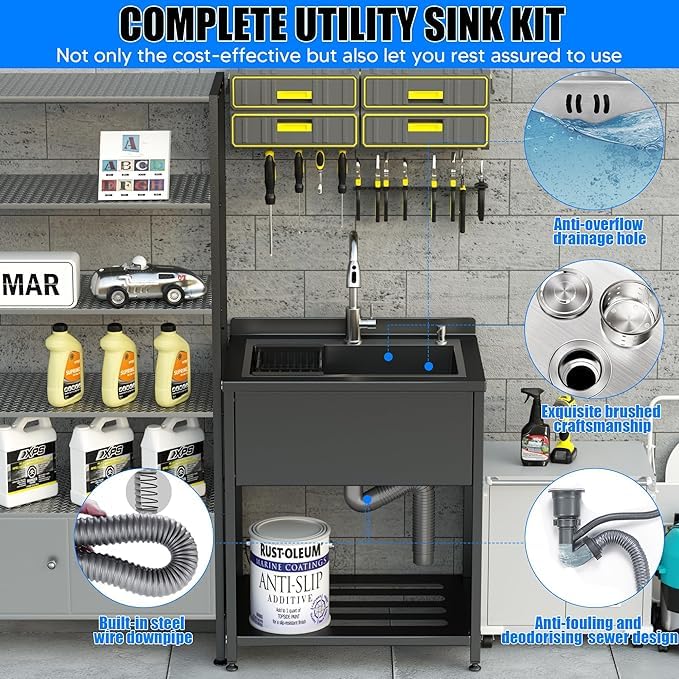 Stainless Steel Utility Sink, 36.6" × 24.2" × 36.6"Freestanding Sink with Cold and Hot Water Faucet,Hoses and Drain Kit for Kitchens, Bathrooms