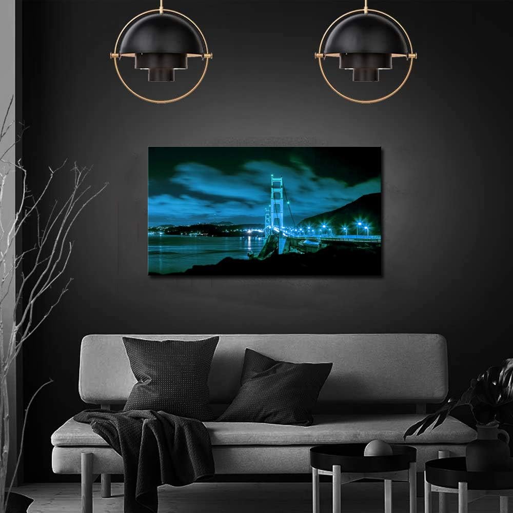 Artsbay Modern Canvas Wall Art Blue Golden Gate Bridge at Night San Francisco Picture California Cityscape Painting Print on Canvas for Bathroom