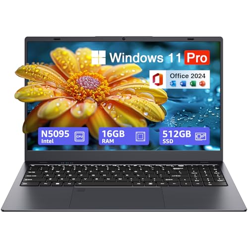 15.6-inch Windows 11 Laptop, 16GB RAM, 512GB SSD, FHD IPS Display Laptop Computer, Intel N5095 Quad Core, 2.4/5G WiFi, BT4.2 Backlit and Fingerprint