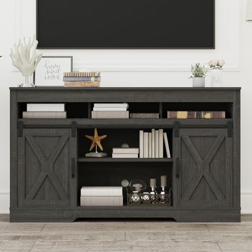 Farmhouse TV Stand for 65+ Inch TV, 34'' Tall Entertainment Center with Sliding Barn Doors