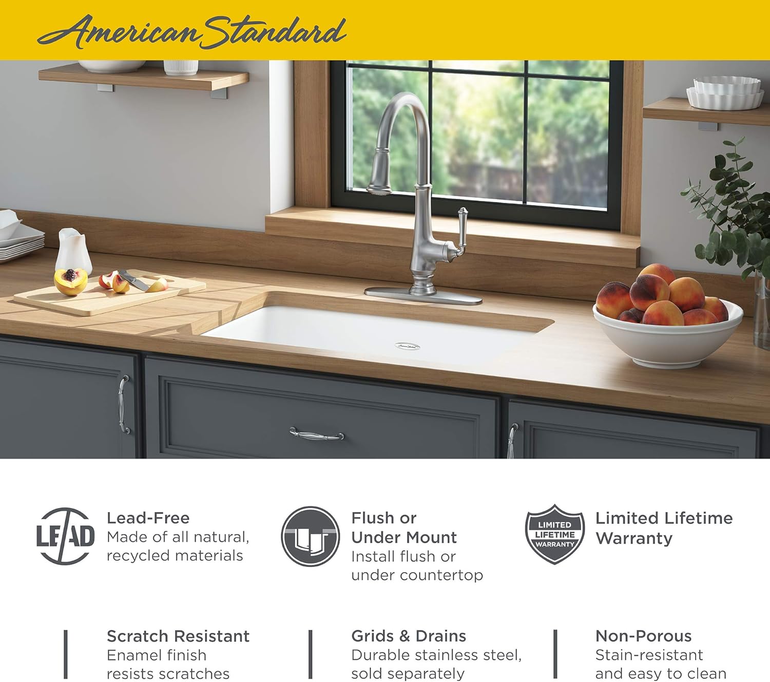 American Standard 77SB30190.308 Delancey 30 x 19 Single Bowl Cast Iron Kitchen Sink Brilliant White
