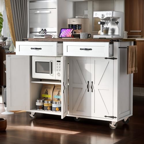 53.7" Farmhouse Kitchen Island with Drop Leaf,2 Drawers,Kitchen Storage Island with Power Outlet,Spice Rack