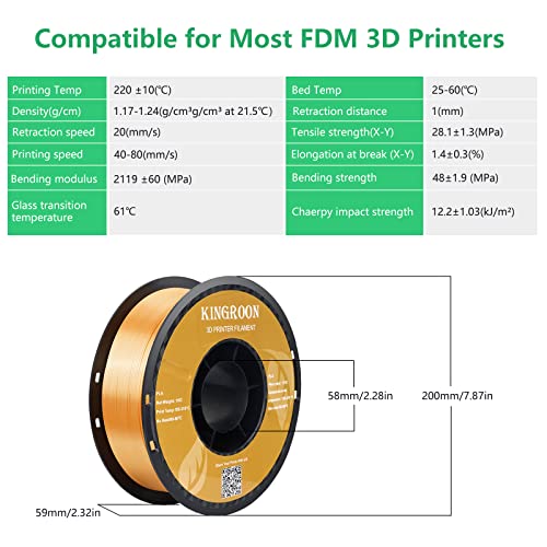 Kingroon Silk PLA Bundle 3D Printer Filament, Dimensional Accuracy +/- 0.03 mm, 10 kg Spool(22lbs)