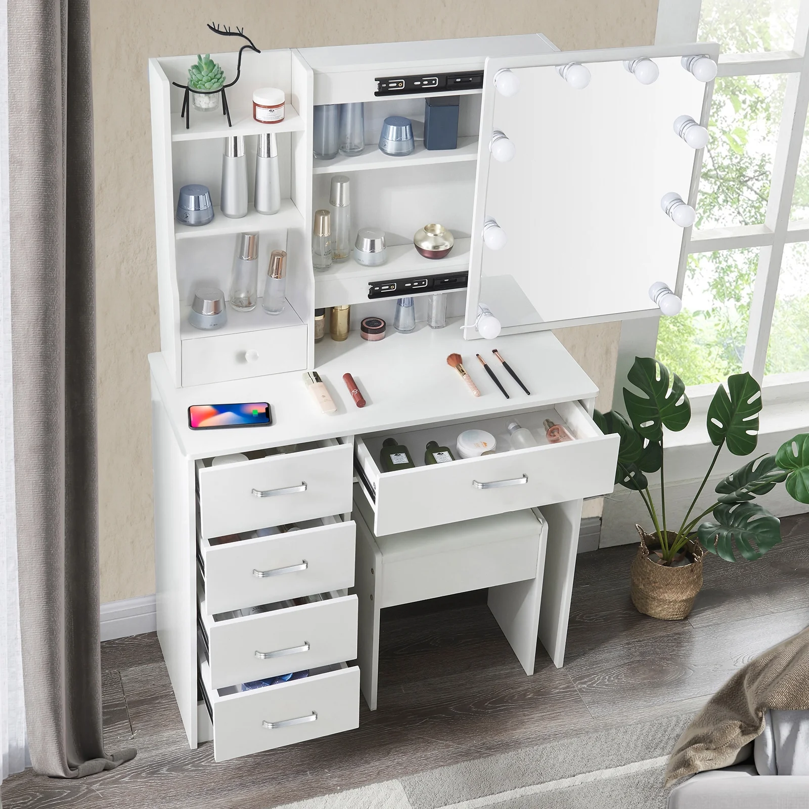 Yamissi Modern Vanity Desk for Bedroom, Makeup Vanity with LED Lighted Sliding Mirror and Stool, Vanity Table with Storage Shelves and Drawers, White