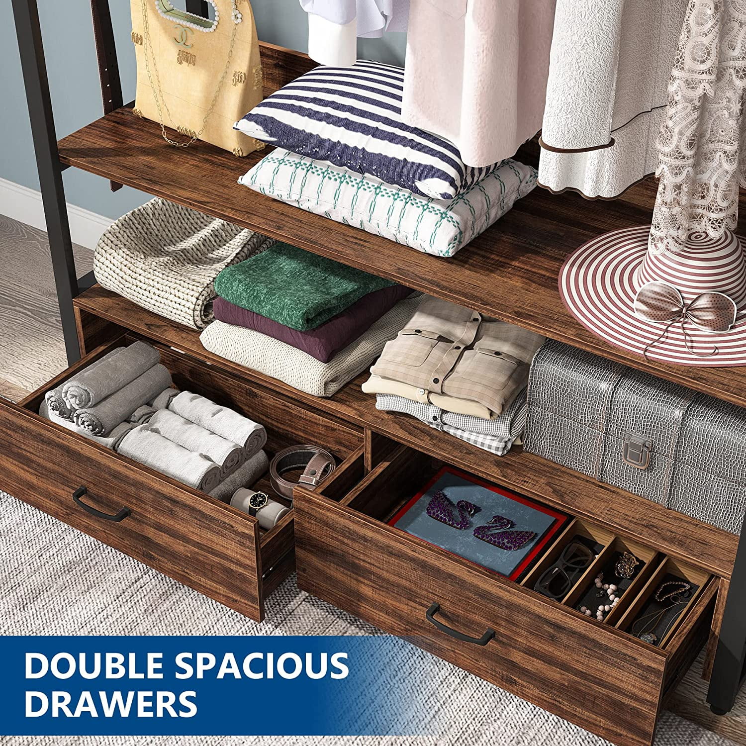 Tribesigns Closet, Heavy Duty Clothes Rack with Shelves Hanging Rod and 2 Drawers for Bedroom, Rustic Brown
