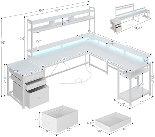 EnHomee Large L Shaped Gaming Desk with Hutch and Drawers, 64" W Reversible Computer Desk with Storage Shelves