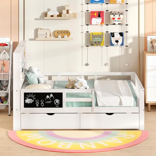 Giantex Full Bed with 2 Storage Drawers, Solid Wood Kids Bed Frame w/Bookcase Headboard & Blackboard, Full-Length Guardrails & Wooden Slats Support