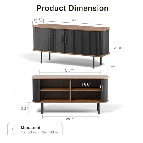 47''W Black Cabinet with Storage, Media Console, Tambour TV Stand, Television Stands with Curvy Edge & Sliding Door, Fluted Cabinet, Buffet Sideboard