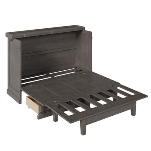 DNYN Queen Size Murphy Bed with Storage Drawer(Large) & Charging Station for Bedroom,Convertible Pinewood Wall Bedframe w/Stylish Cabinet Design