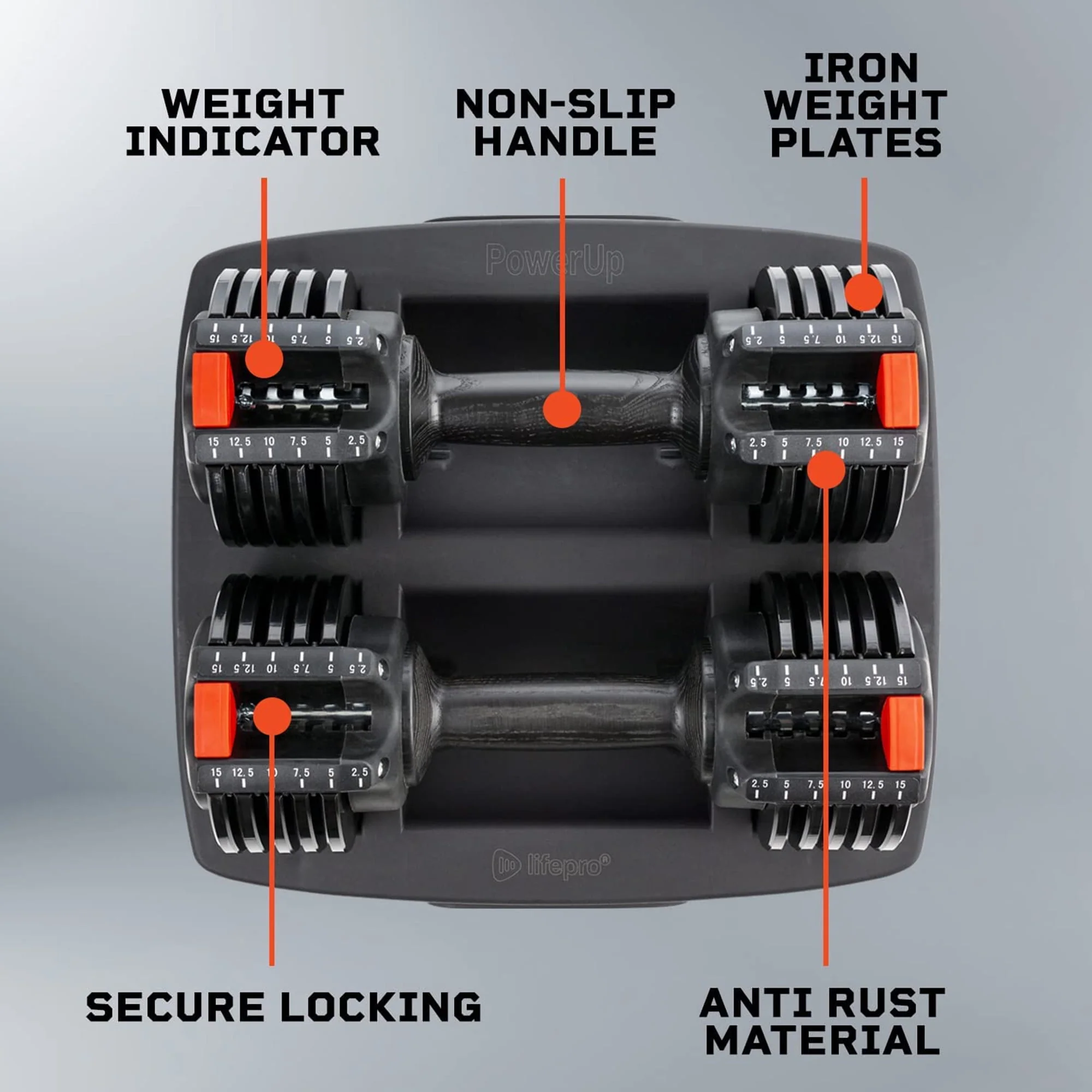 Lifepro PowerUp 15 Pound Dumbbells Adjustable Weights Set for Home Gym, 2 Pcs