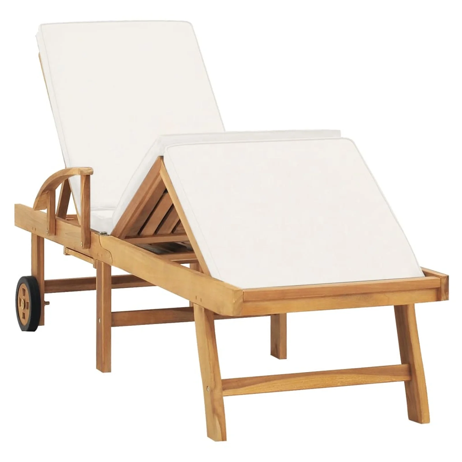 Anself Outdoor Sun Lounger with Sliding Table and Wheels Teak Wood Both Side Adjustable Chaise Lounge Chair Cream Cushioned Poolside, Backyard