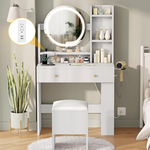 DWVO Vanity Desk with Mirror and Lights, Makeup Vanity Table Set with Power Outlets and Chair, 3 Lighting Colors