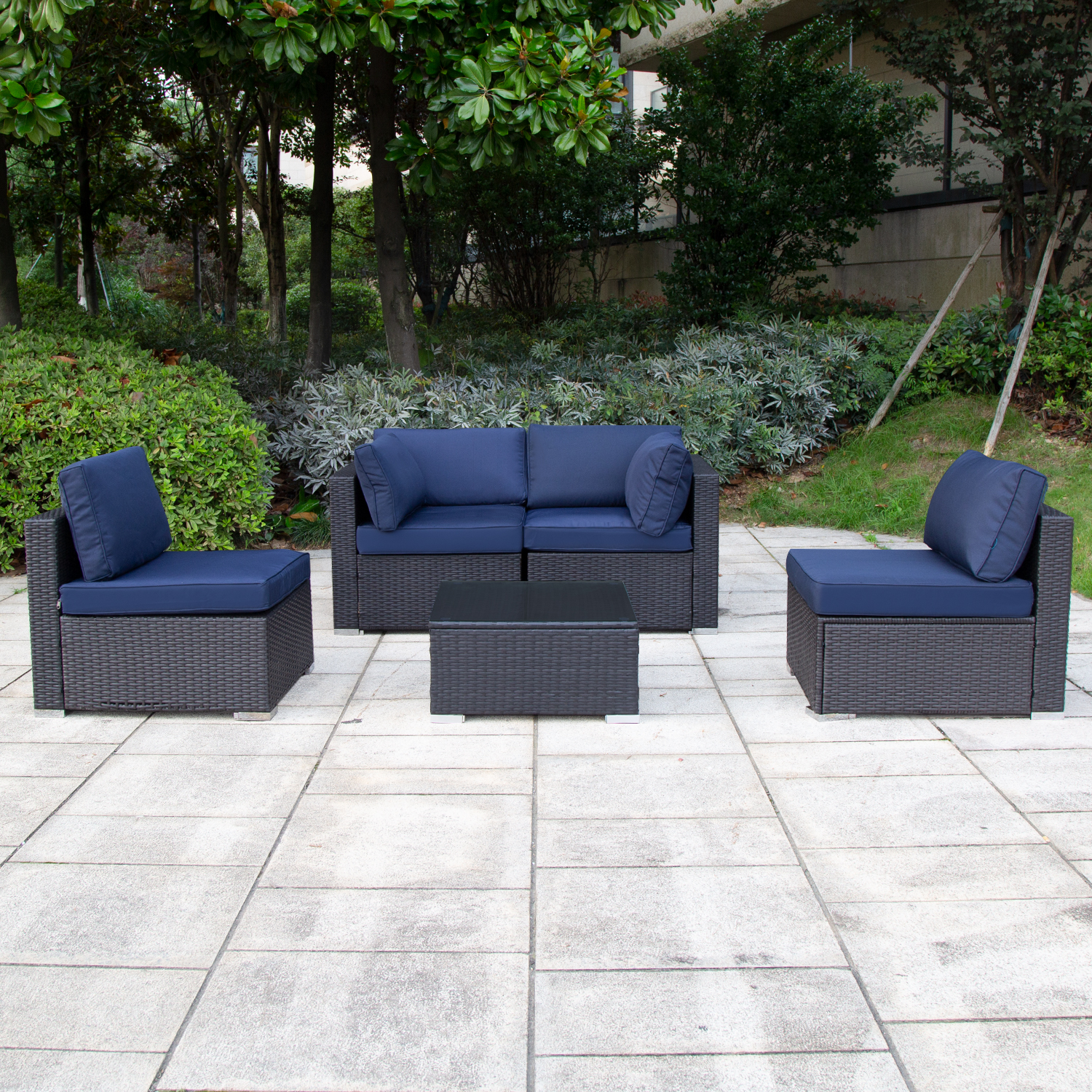 Excited Work 5 Pcs Patio Sofa PE Rattan Outdoor Wicker (BLUE) Patio Conversation Set