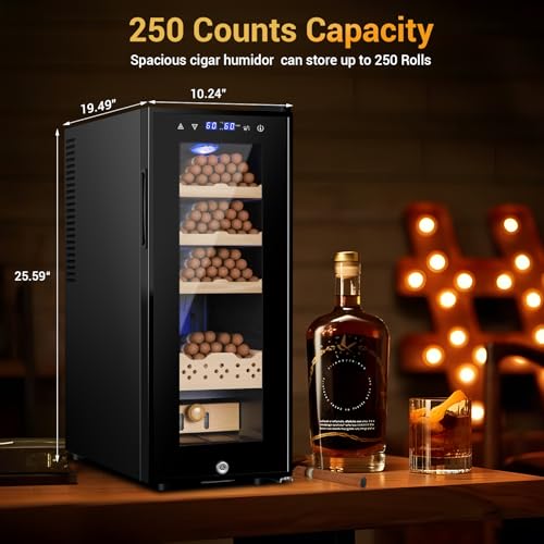 Electric Humidor for Cigars, 35L 250 Counts Large Capacity Thermostatic Desktop Humidor Cabinet with Digital LED Screen, Safety Lock