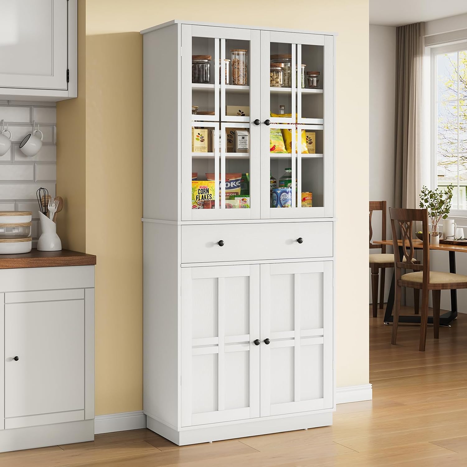 Kitchen Pantry Storage Cabinet, Tall Pantry Cabinet with Glass Doors and Large Drawer