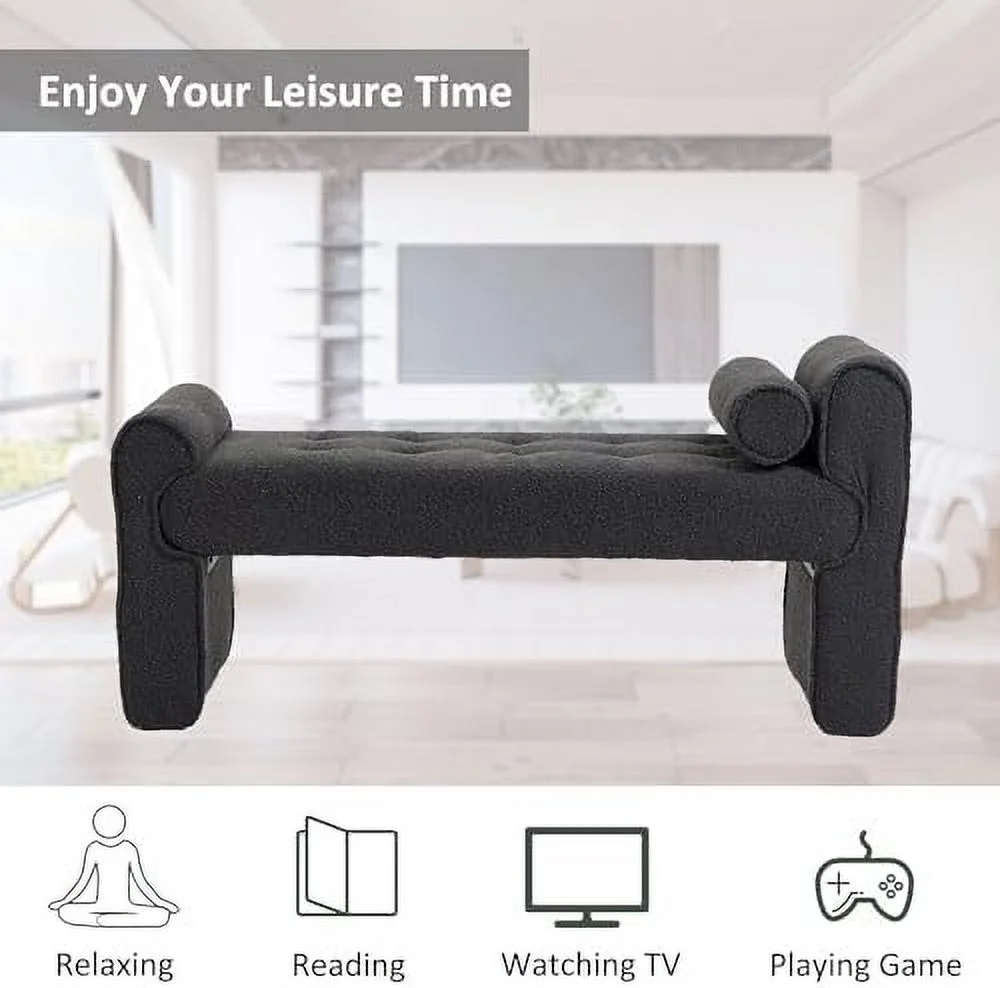 49.02" Boucle Bench for Bedroom End of Bed   Sherpa Upholstered Entryway Bench Teddy Ottoman Bench Seat for Living Room Foyer Window (Orange)