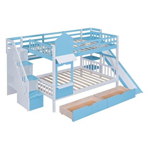 Full-Over-Full Castle Style Bunk Bed with 2 Drawers and 3 Shelves, Wood Bunk Bed Frame with Slide and Storage Staircase for Kids Teens Boys Girls