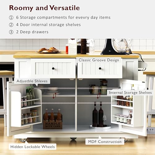 Rolling Kitchen Island with Drop Leaf & Power Outlet, Large Kitchen Islands Cart on Wheels