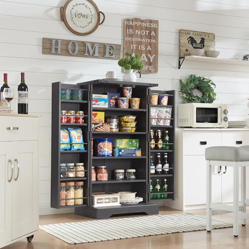 72" Tall Kitchen Pantry, Farmhouse Storage Cabinet with Barn Doors, Organizer, Drawer and Adjustable Shelves, Rustic Wood Cupboard for Kitchen