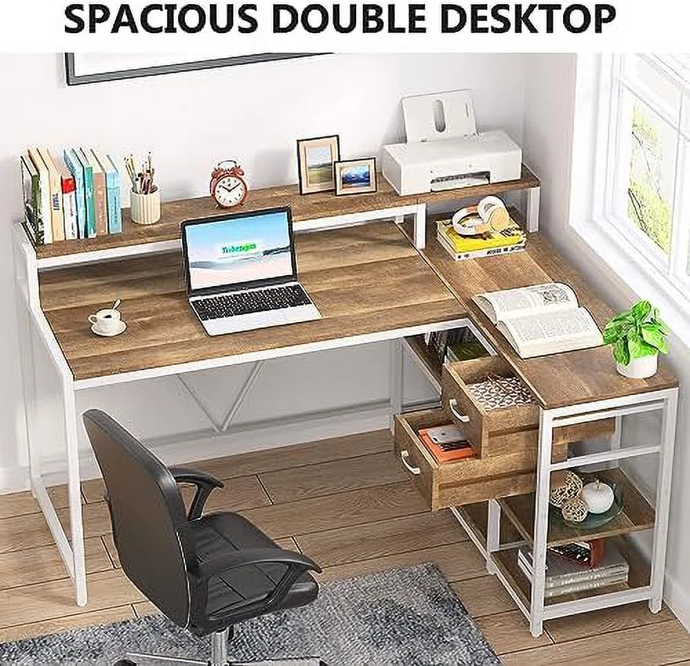 Reversible L Shaped Desk with Drawer  Industrial Corner Desk  Office Table with  Shelves and Monitor Stand  Rustic Wooden and Metal PC Desk for Small