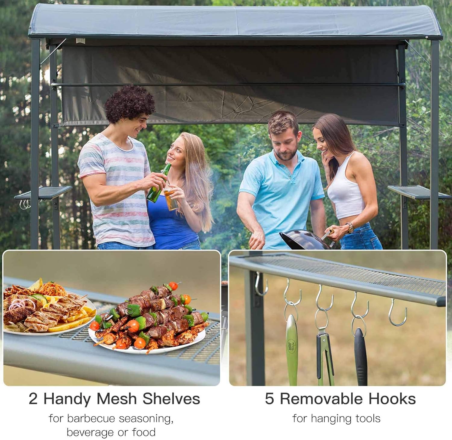 Outsunny 7FT Grill Gazebo BBQ Canopy with Sun Shade Panel Side Awning, 2 Exterior Serving Shelves, 5 Hooks for Patio Lawn Backyard