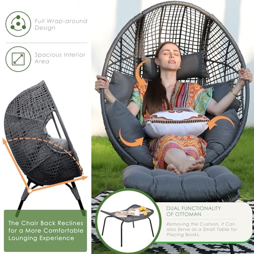 NICESOUL Stationary Egg Chair Indoor Outdoor Wicker Oversized Thick Cushions Egg Shaped Loveseat Chair