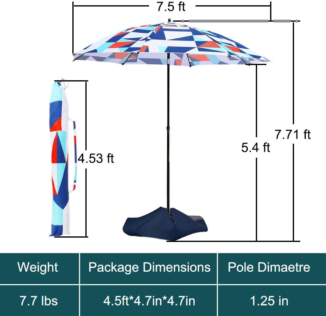 Beach Umbrella, TOTEBOX 7.5ft Portable Patio Sunshade Umbrella UPF 50+ Protection with Tilt Sand Anchor Carry Bag and Sand Bag for Yard and Pool