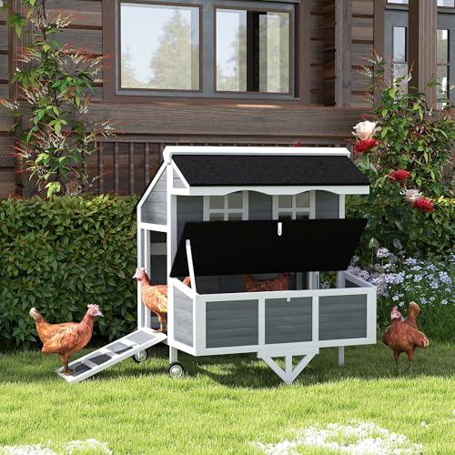 PawHut 43" Chicken Coop with Wheels, Mobile Chicken House with Nesting Box, Windows, Pull-Out Tray, Perches, Wooden Chicken Tractor for 2-4 Hens