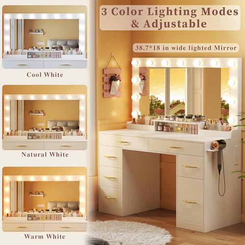 Vanity Desk with Large Mirror and Lights, 45.3in Makeup Vanity with Power Outlet 9 Drawers & Storage, 3 Lighting Color Adjustable