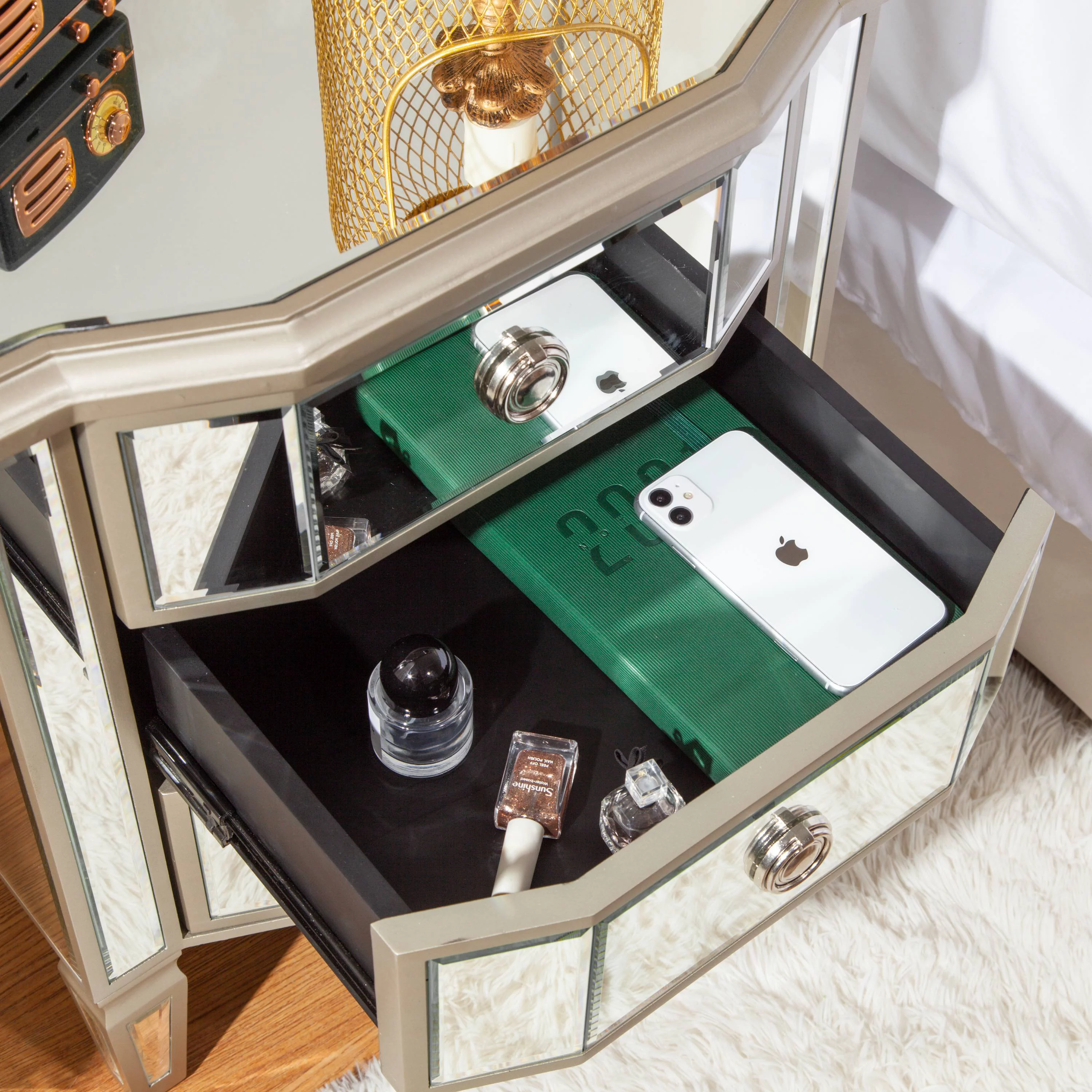 Accent Mirror Glass 3 Drawers Vintage Nightstand End Table Bedside Table Furniture for Bedroom, Living Room
