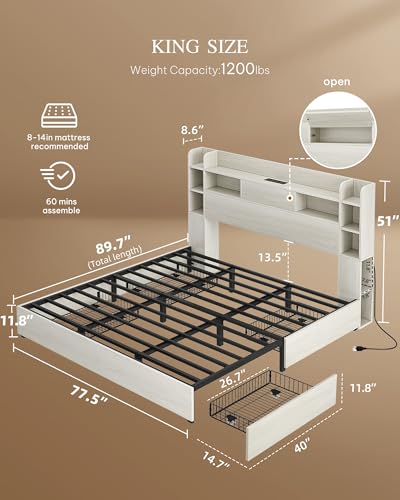 YITAHOME Queen Bed Frame with Bookcase Headboard and 4 Storage Drawers, RGB LED Bed Frame with Type-C & USB Charging Station Storage Headboard Bed