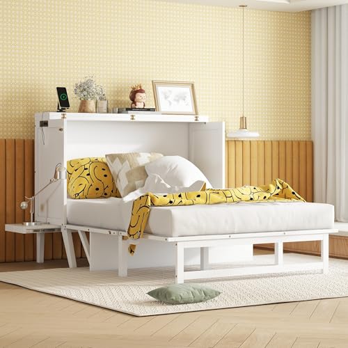 KEIKI Queen Size Cabinet Murphy Bed with Charging Station and Drawer, Multiple Storage Foldable Hideaway Wall Murphy Bed Frame with Solid Slat