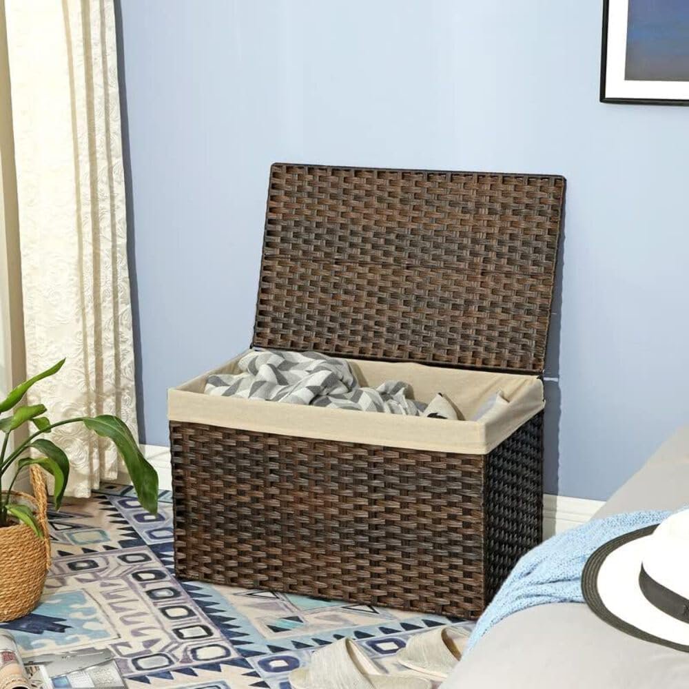 Storage Basket with Lid, 42.3 Gallon (160L) Foldable Storage Bin with Handles, Removable Liner, for Bedroom, Laundry Room, Brown