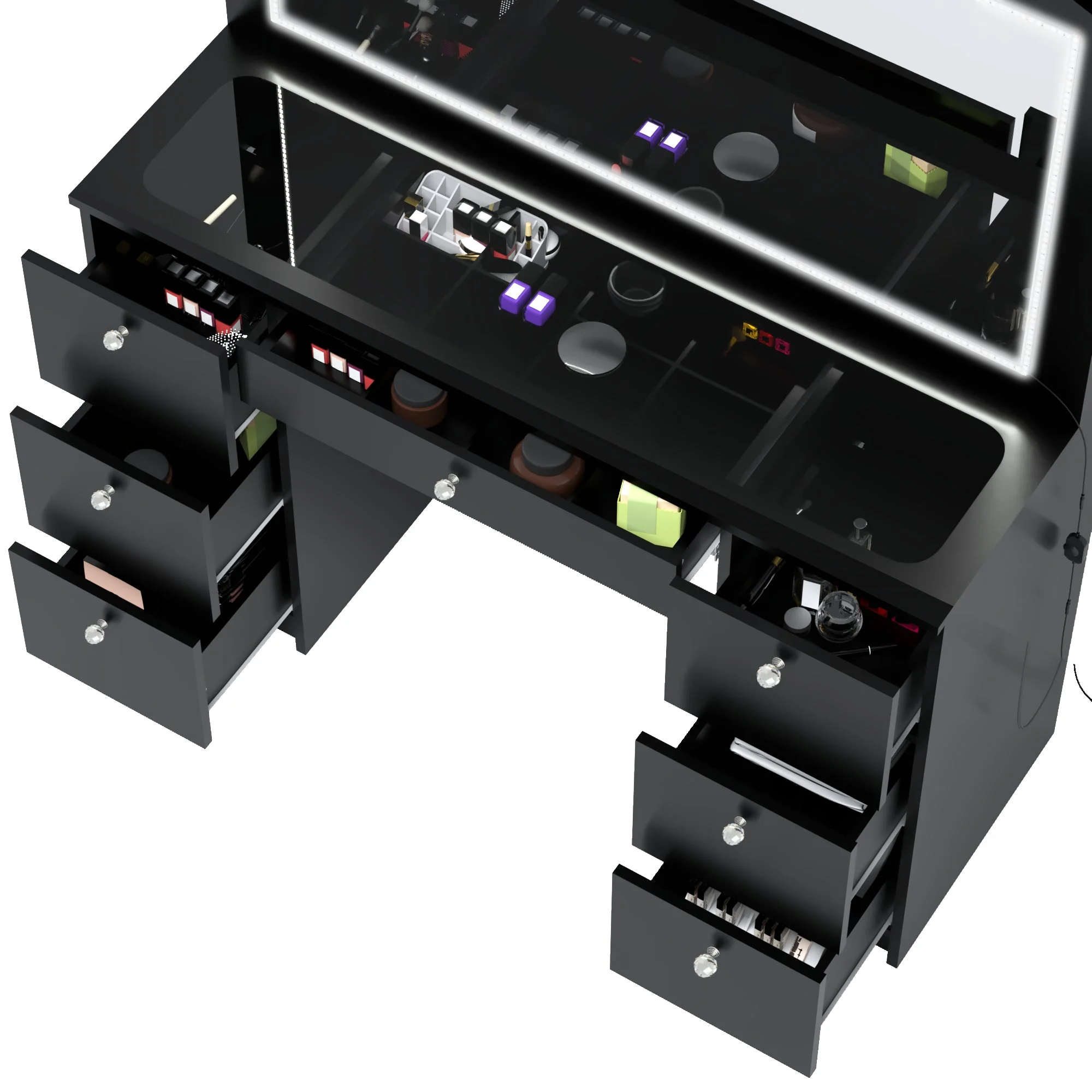 Boahaus Seraphine Modern Black Vanity Desk with LED Lights, 7 Drawers, Mirror, Crystal Ball Knobs, for Bedroom