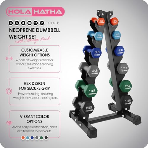 HolaHatha Neoprene Dumbbell Free Hand Weight Set with Rack, Ideal for Home Exercises to Gain Tone and Definition