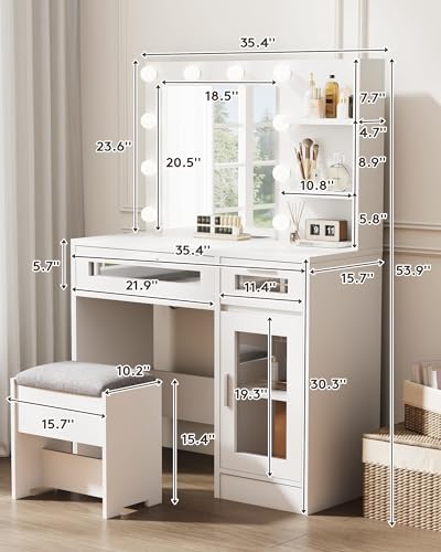 Vanity Desk with Mirror and Lights, Makeup Vanity with Drawer & Storage Shelves, Cabinet, 3 Lighting Modes Adjustable Brightness