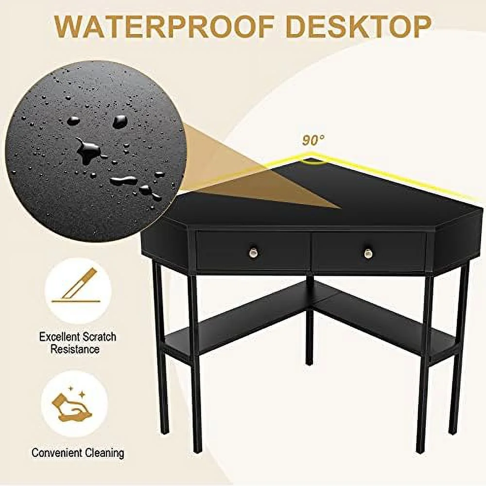 CHNJHUM Corner Desk with Drawers  90 Degrees Triangle Desk w/ Shelves and Metal Frame  Corner Writing Desk  Corner  Vanity Table  Small Corner Desks