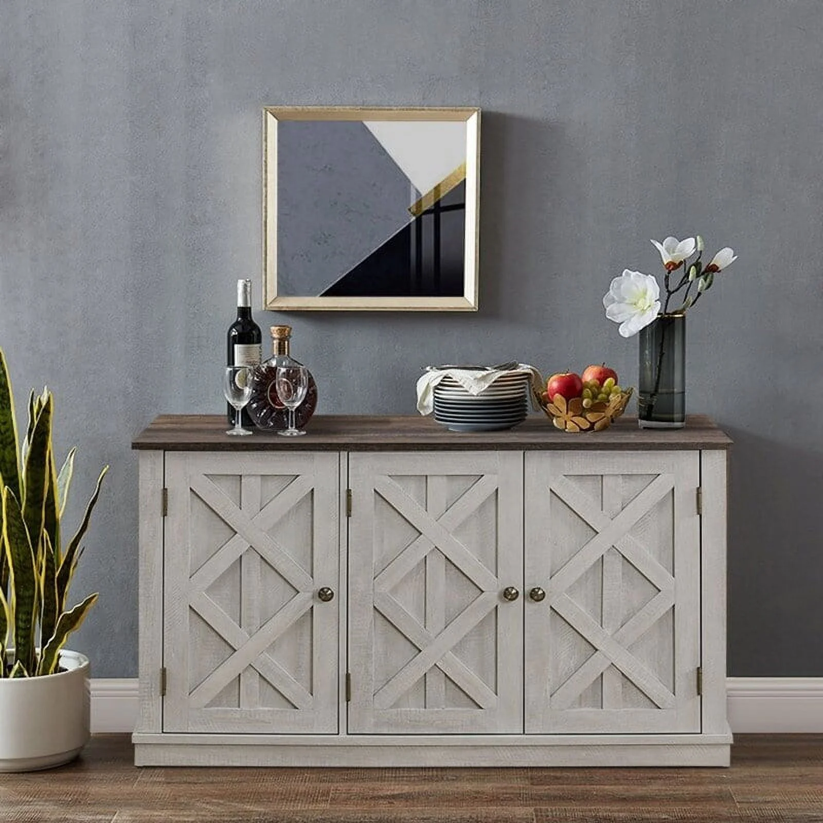 48" Rustic Wood Finish Buffet Cabinet with 3 Doors - Ample Storage - 48" in Width Grey Gray Natural Finish, Wood Finish