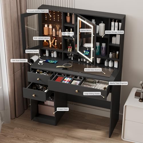 Makeup Vanity Desk with Mirror and Lights, White Vanity with Glass Top, LED Lights & Power Outlet, 3 Drawers & 2 RGB Glass Cabinets